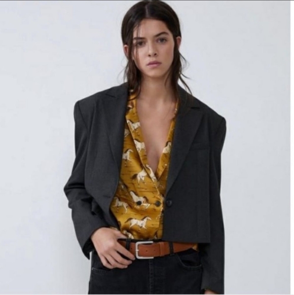 Zara Mustard Horse Print Blazer-Style Satin Feel Shirt - Picture 3 of 4